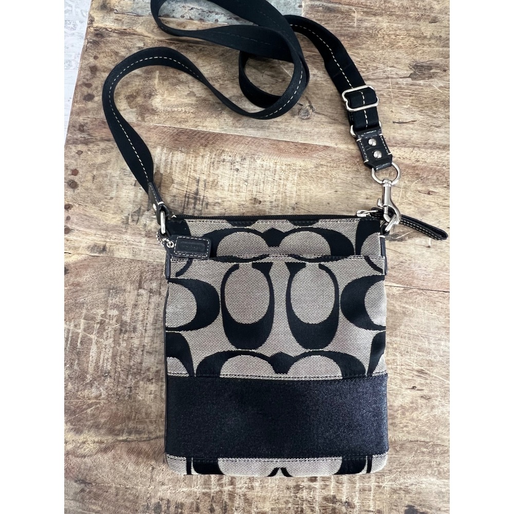 Coach Signature C Monogram Black Canvas Crossbody File Bag Silver Hardware